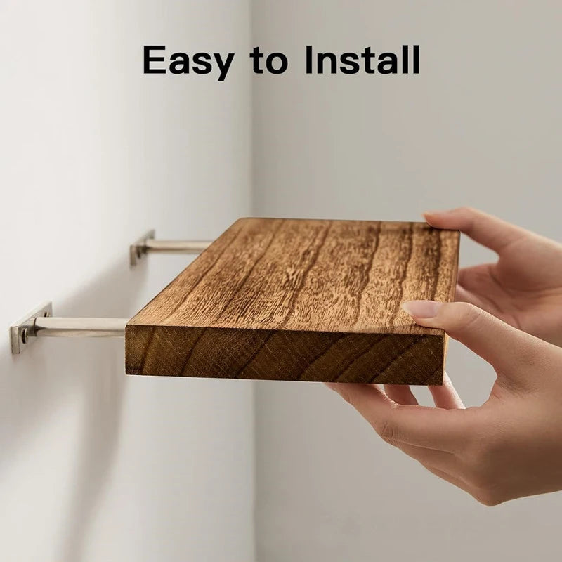 HeMu Easy-to-Install Solid Wood Floating Shelf,Heavy-Duty Wall Mounted Shelf with Stainless Steel Brackets,Rustic Display Shelf