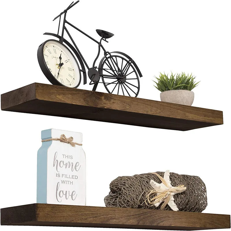 HeMu Easy-to-Install Solid Wood Floating Shelf,Heavy-Duty Wall Mounted Shelf with Stainless Steel Brackets,Rustic Display Shelf