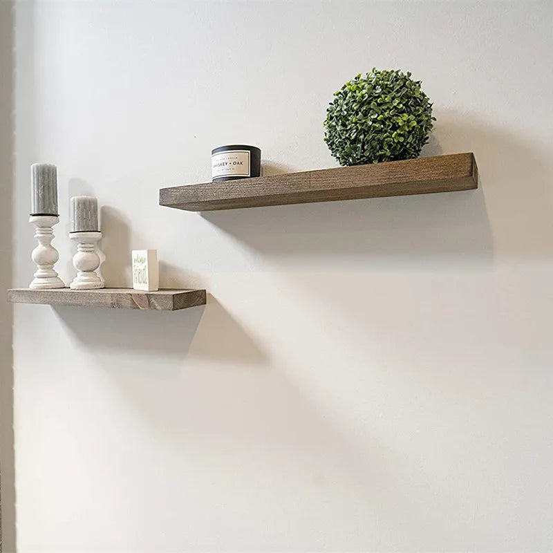 HeMu Easy-to-Install Solid Wood Floating Shelf,Heavy-Duty Wall Mounted Shelf with Stainless Steel Brackets,Rustic Display Shelf